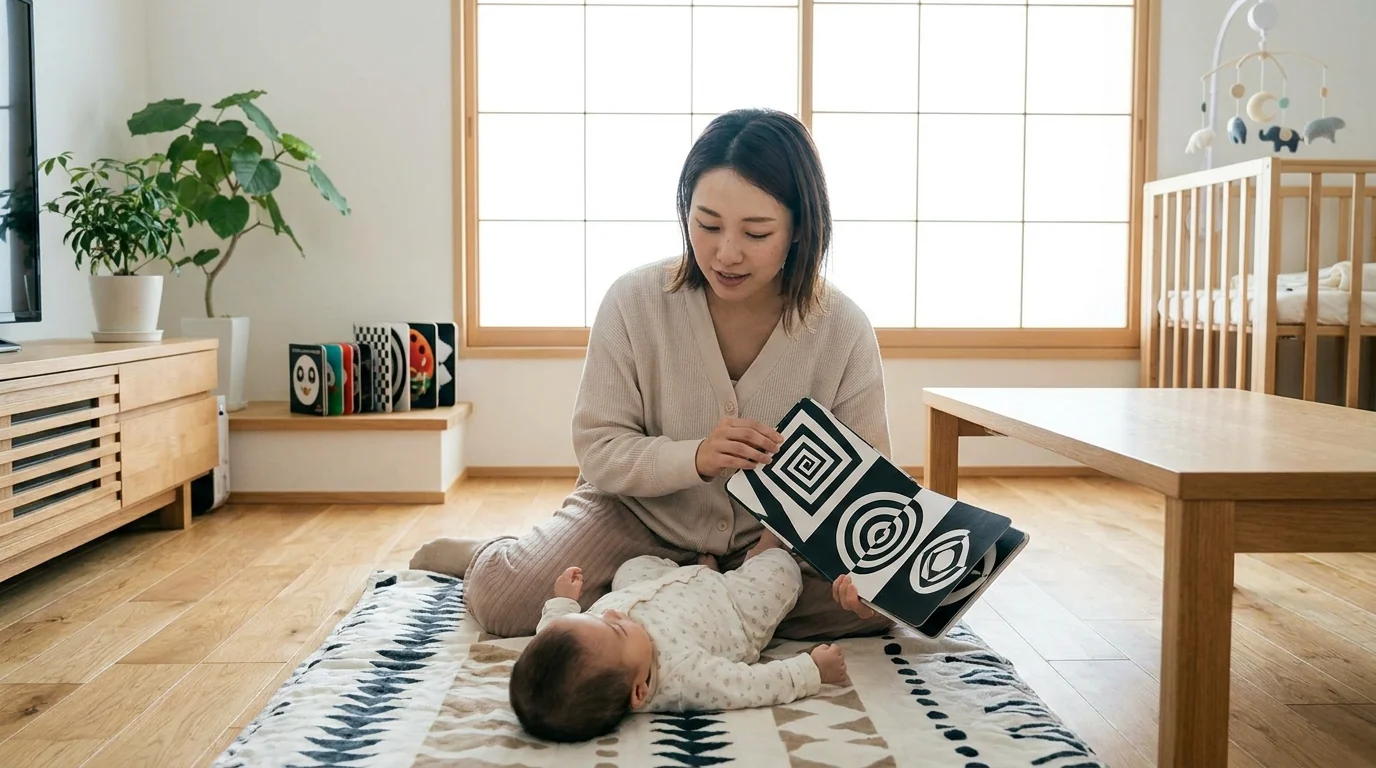 新生児〜3ヶ月|白黒コントラスト絵本でデビュー