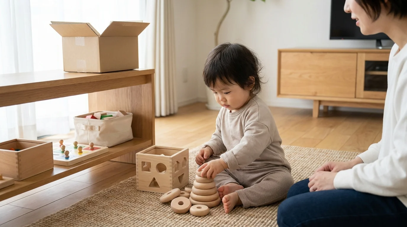 1〜2歳の子に届いた知育玩具の例: 木製玩具 / モンテッソーリ教具