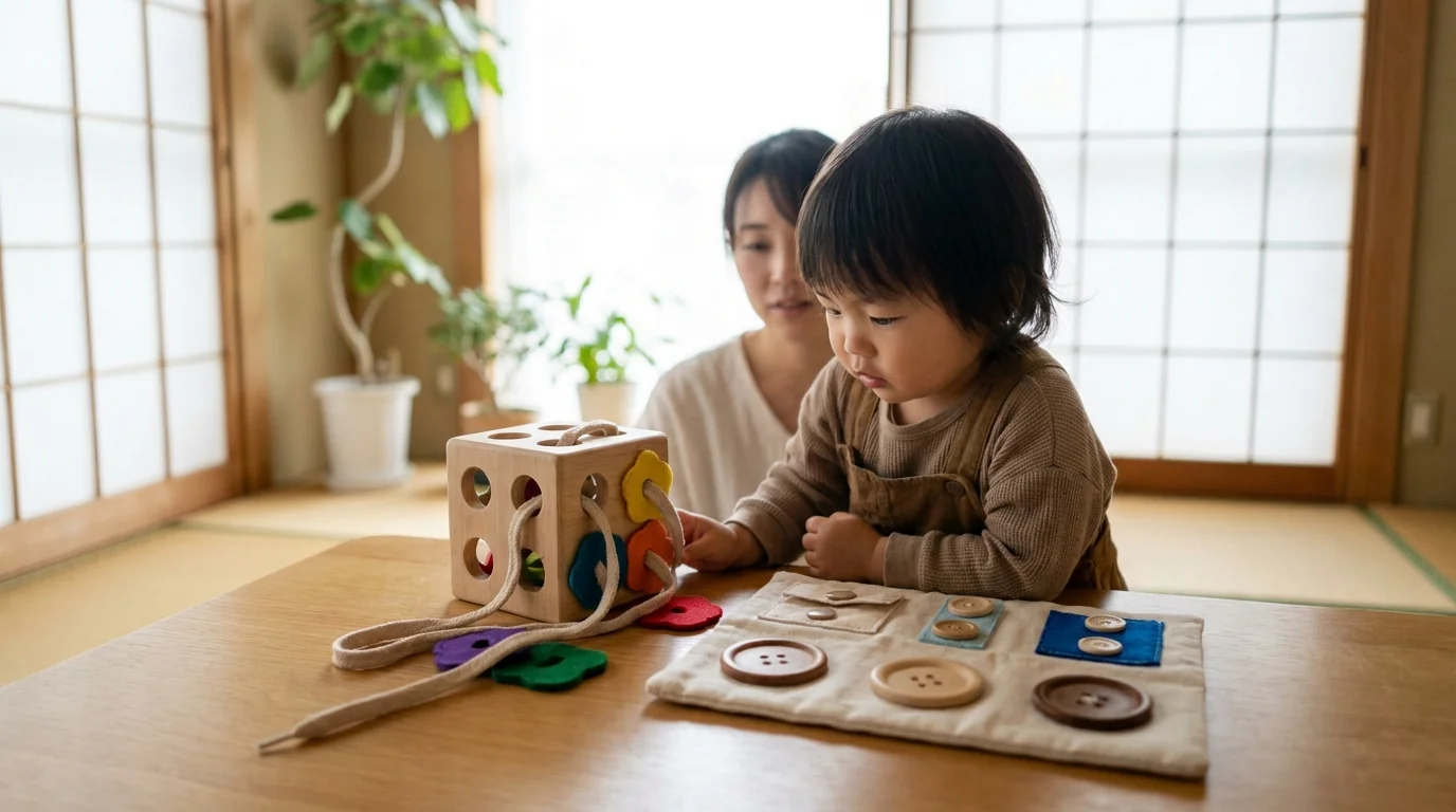 1歳後半向けの手作りおもちゃ: ひも通し / ボタン・スナップ