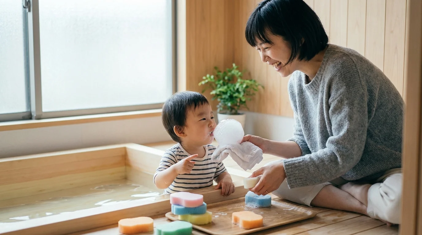 スポンジやタオルで親子で遊ぶ方法: タオルのブクブク / スポンジ積み木